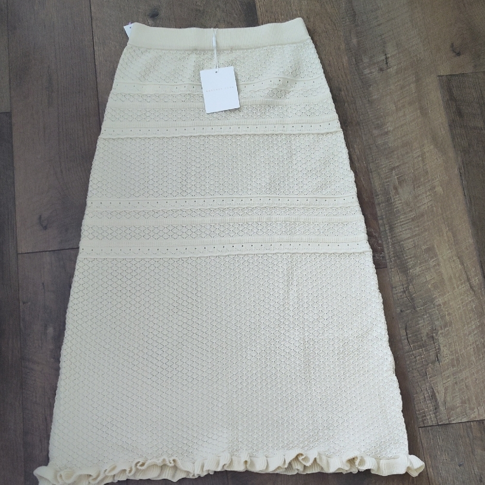 Endless Rose Cream Knit Midi Skirt with Ruffle Hem